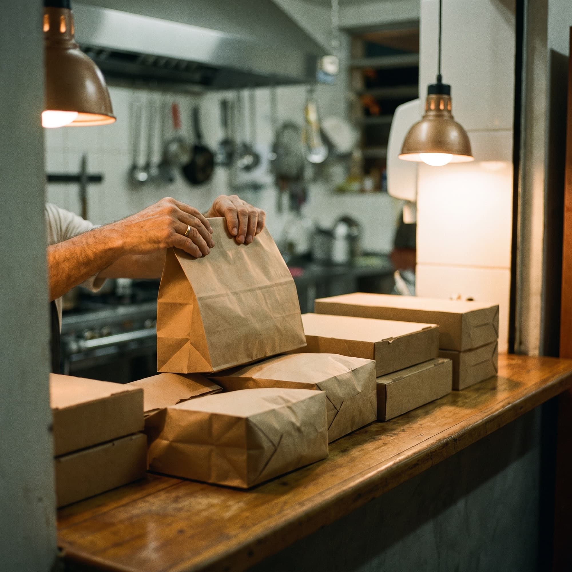 Mãos fechando um pedido em saco de papel sobre o balcão de uma cozinha